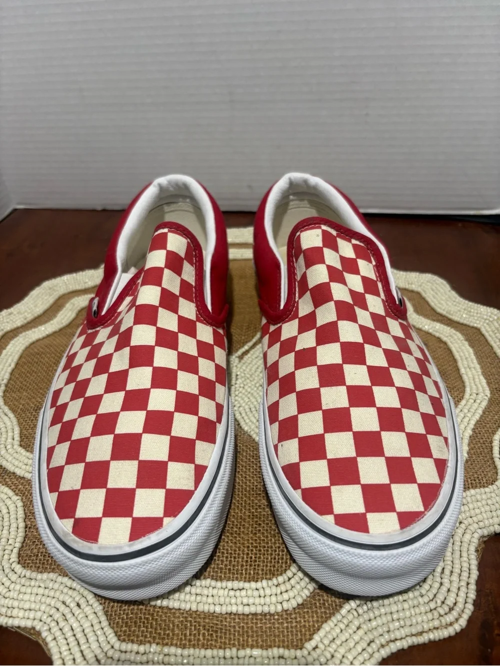Vans Men's Slip-On Checkerboard Shoes in Red and Cream
